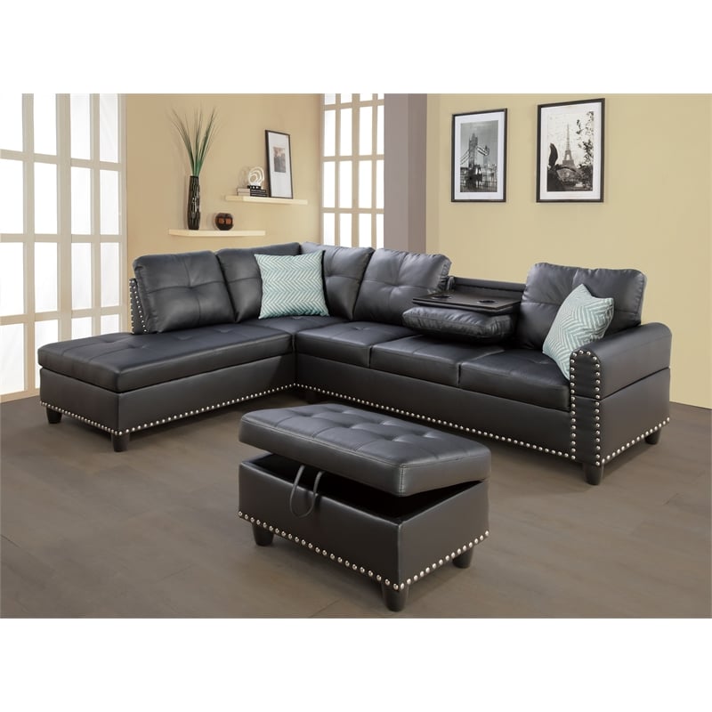 Maklaine Faux Leather Sectional Sofa with Ottoman in Black Finish
