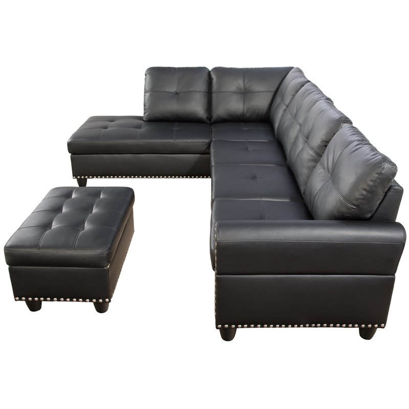 Maklaine Faux Leather Sectional Sofa with Ottoman in Black Finish