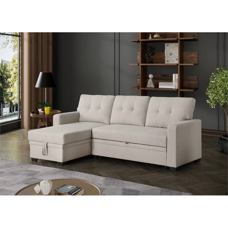 Maklaine Polyester Fabric Reversible Sleeper Sectional Sofa-Beige