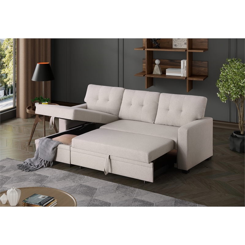 Maklaine Polyester Fabric Reversible Sleeper Sectional Sofa-Beige