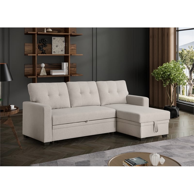 Maklaine Polyester Fabric Reversible Sleeper Sectional Sofa-Beige