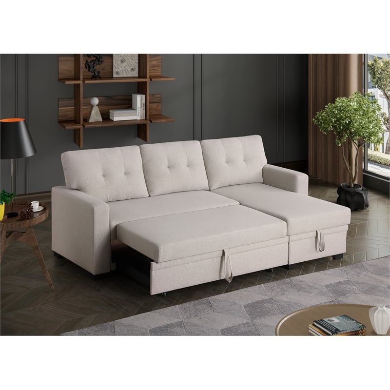 Maklaine Polyester Fabric Reversible Sleeper Sectional Sofa-Beige