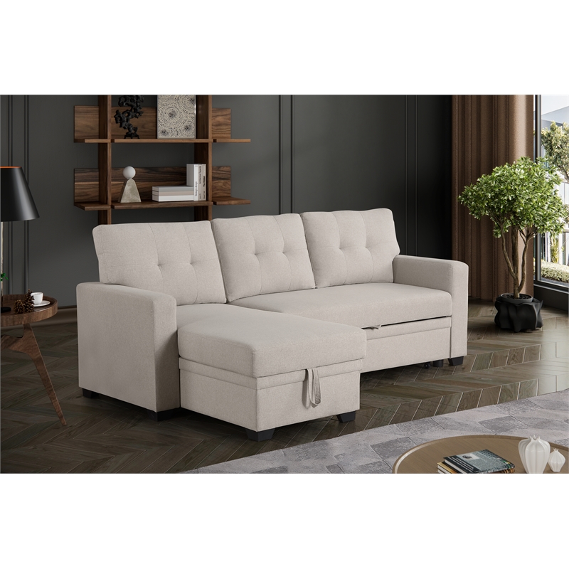 Maklaine Polyester Fabric Reversible Sleeper Sectional Sofa-Beige