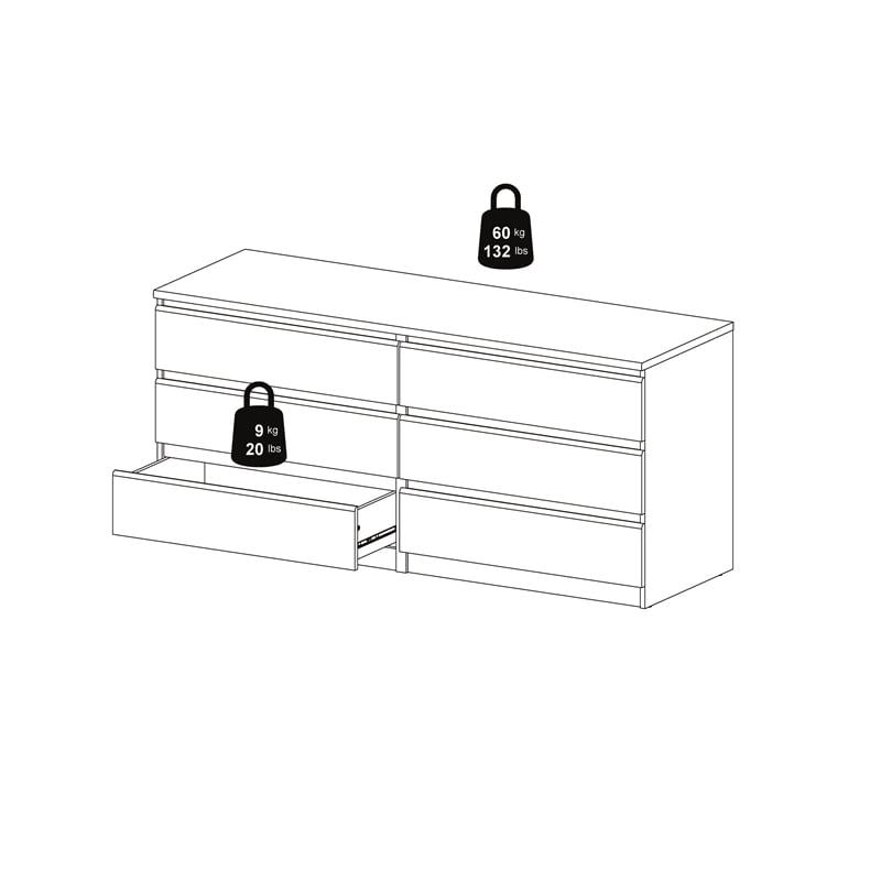 Maklaine Engineered Wood 6 Drawer Double Dresser in White High Gloss