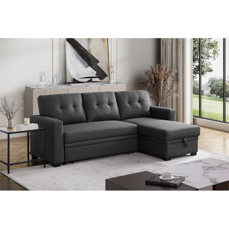 Maklaine Polyester Fabric Reversible Sleeper Sectional Sofa-Dark Gray