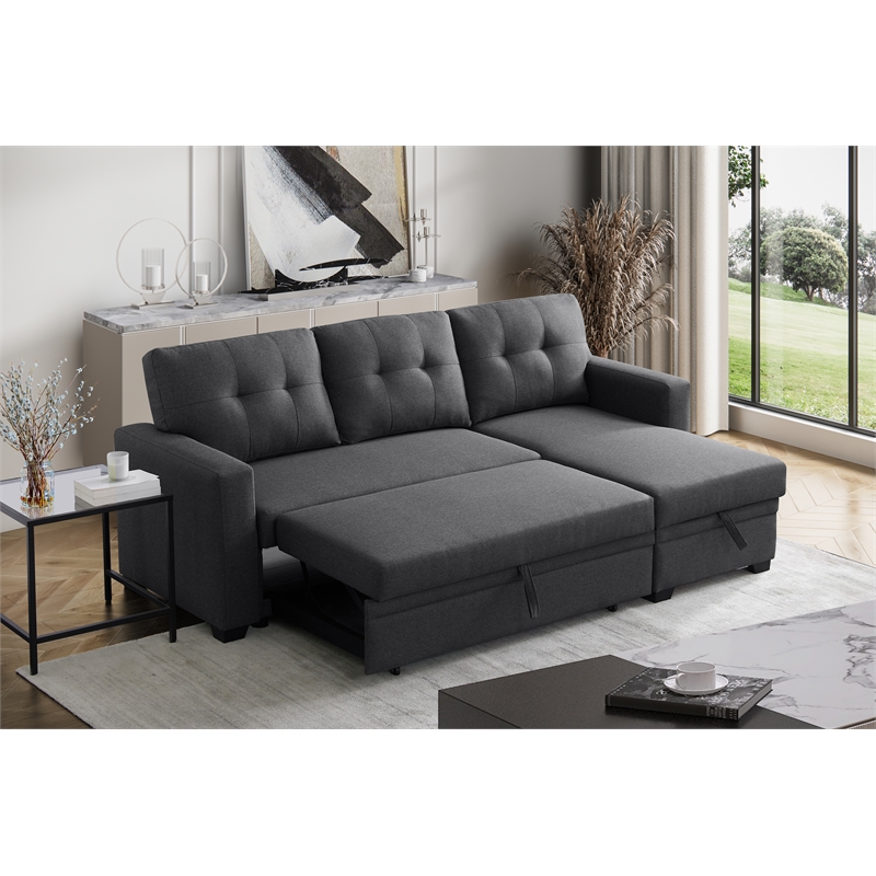 Maklaine Polyester Fabric Reversible Sleeper Sectional Sofa-Dark Gray