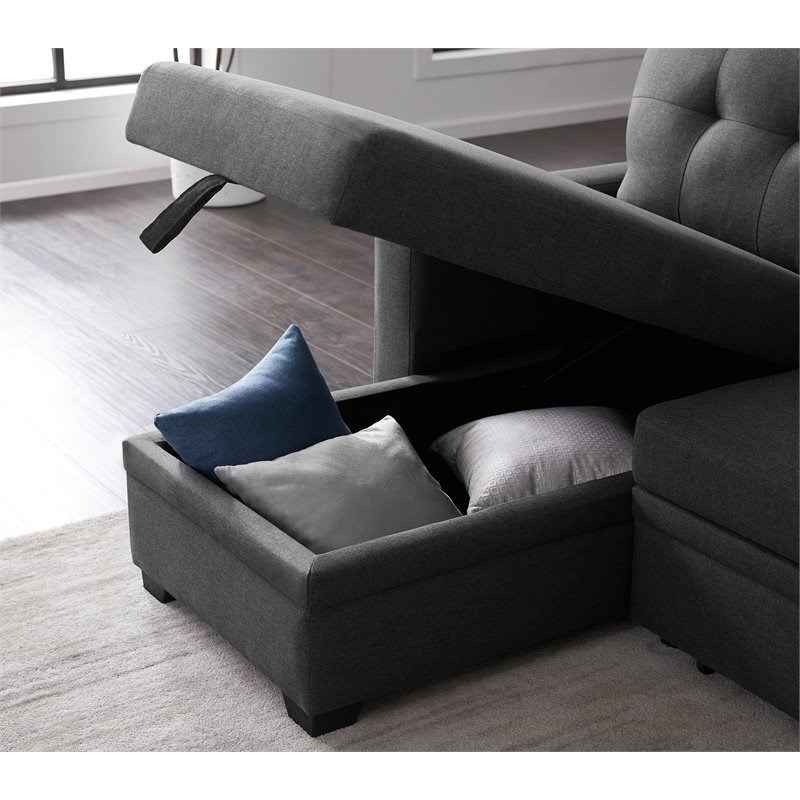 Maklaine Polyester Fabric Reversible Sleeper Sectional Sofa-Dark Gray
