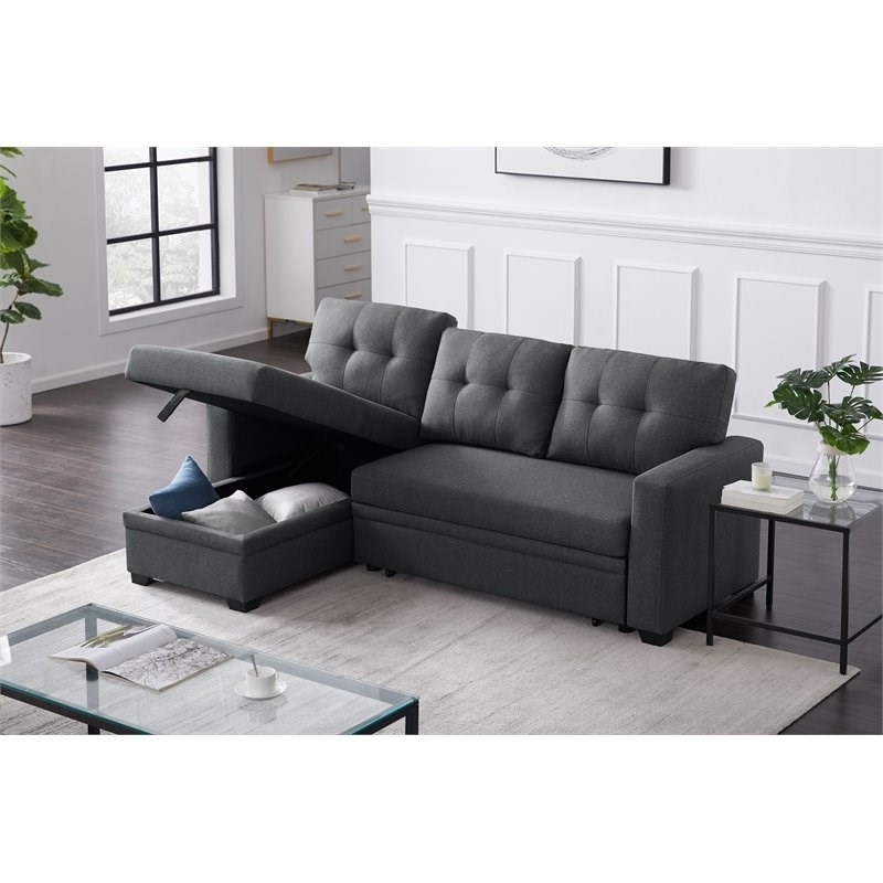 Maklaine Polyester Fabric Reversible Sleeper Sectional Sofa-Dark Gray