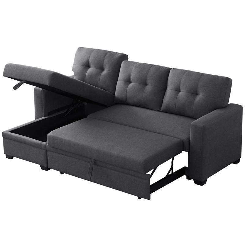 Maklaine Polyester Fabric Reversible Sleeper Sectional Sofa-Dark Gray