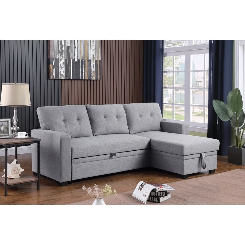 Maklaine Polyester Fabric Reversible Sleeper Sectional Sofa - Light Gray