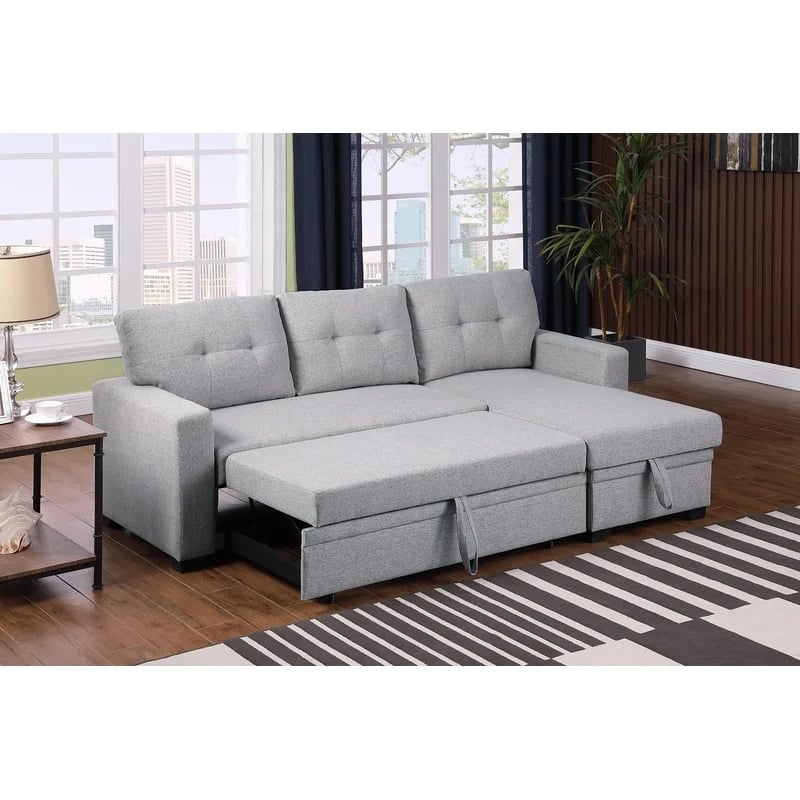 Maklaine Polyester Fabric Reversible Sleeper Sectional Sofa - Light Gray