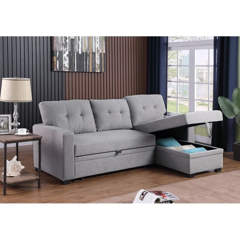Maklaine Polyester Fabric Reversible Sleeper Sectional Sofa - Light Gray