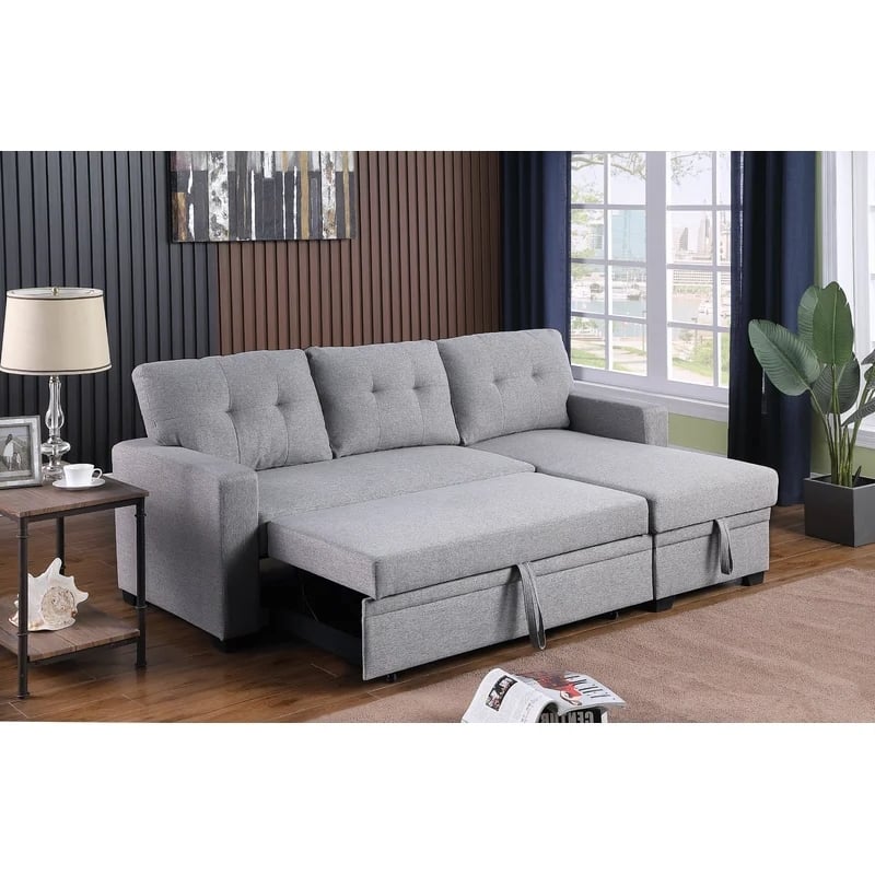 Maklaine Polyester Fabric Reversible Sleeper Sectional Sofa - Light Gray
