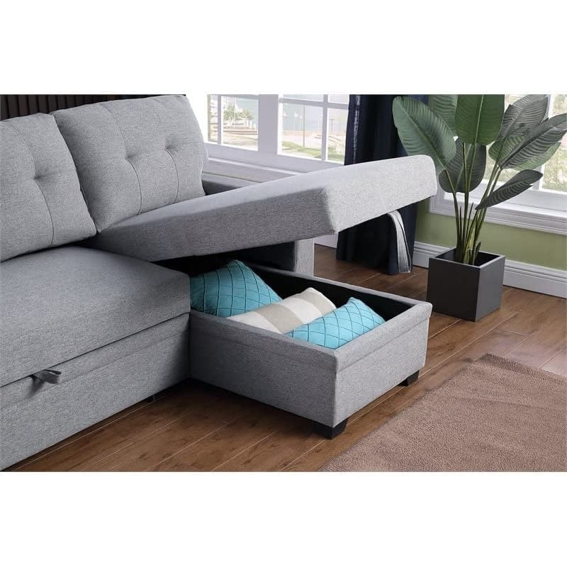 Maklaine Polyester Fabric Reversible Sleeper Sectional Sofa - Light Gray