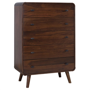 Maklaine Wood 5-Drawer Chest with Metal Knob Handle in Walnut