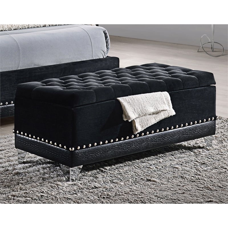 Maklaine Contemporary Velvet Tufted Trunk with Nailhead Trim in Black