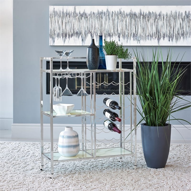 Maklaine Contemporary Metal Serving Cart with Casters Chrome in Silver