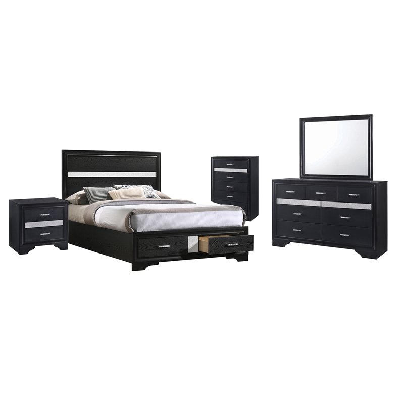 Maklaine 5-piece Queen Platform Storage Wood Bedroom Set Black