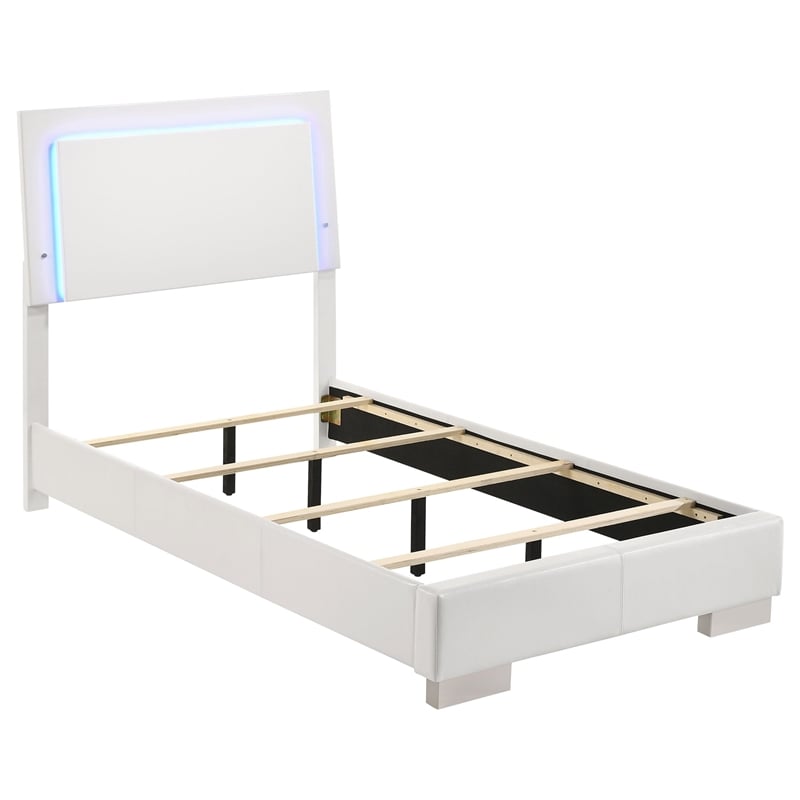 Maklaine Faux Leather Twin Panel Bed with LED Lighting in White
