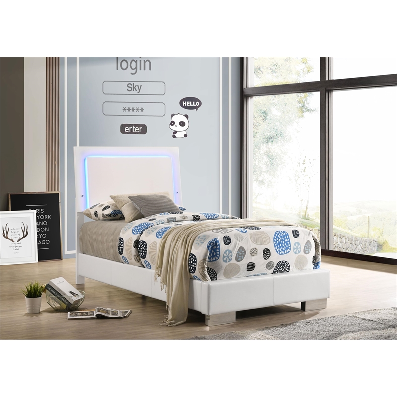 Maklaine Faux Leather Twin Panel Bed with LED Lighting in White