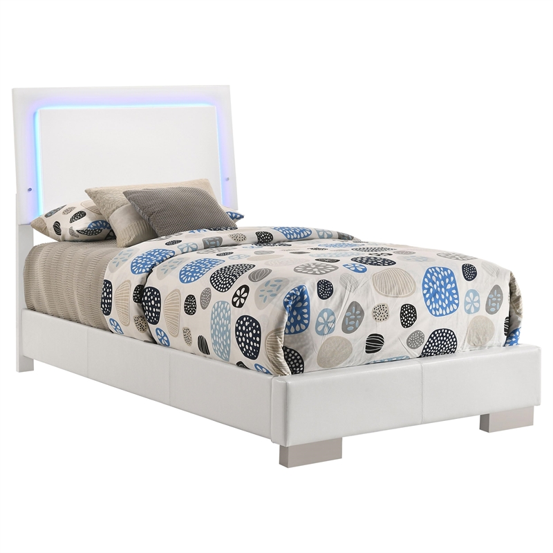 Maklaine Faux Leather Twin Panel Bed with LED Lighting in White