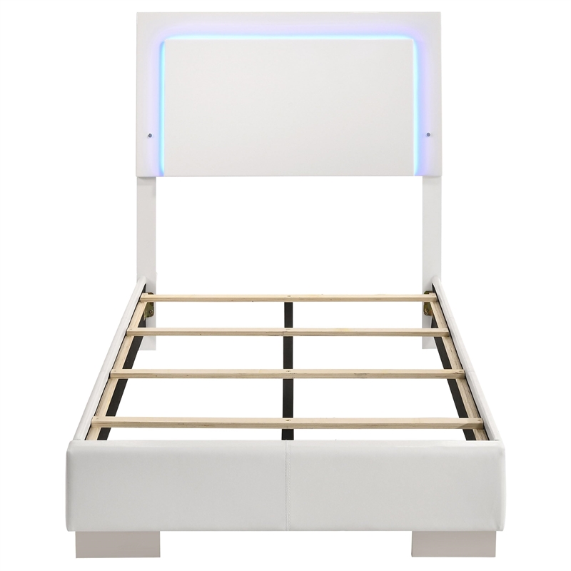 Maklaine Faux Leather Twin Panel Bed with LED Lighting in White