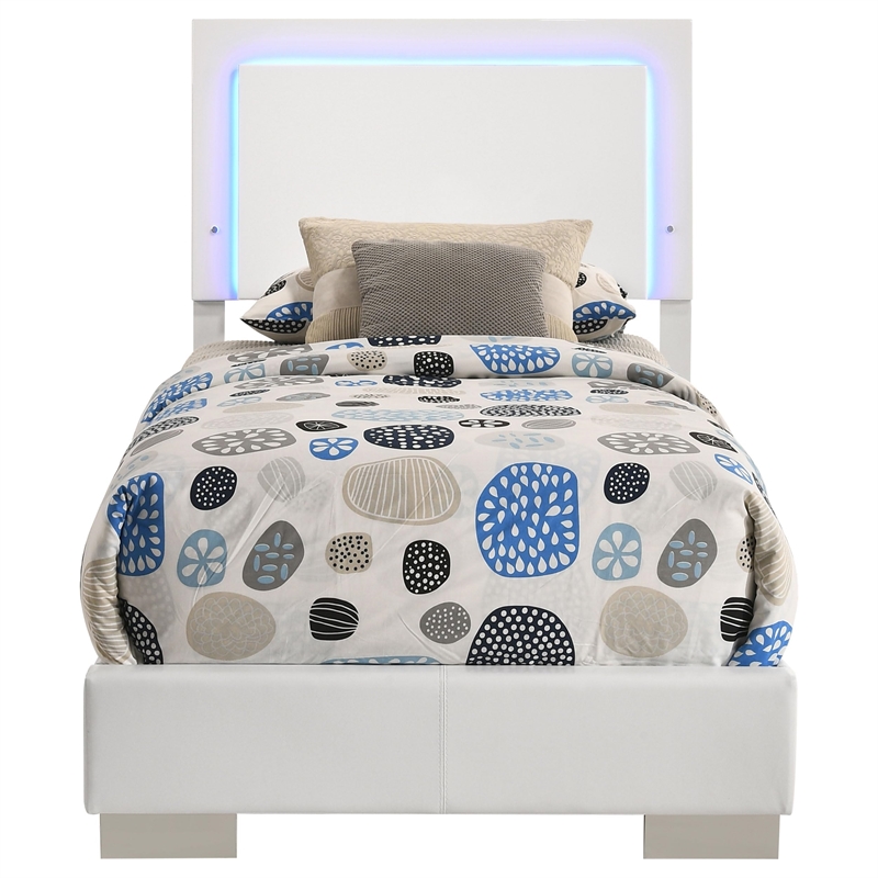 Maklaine Faux Leather Twin Panel Bed with LED Lighting in White
