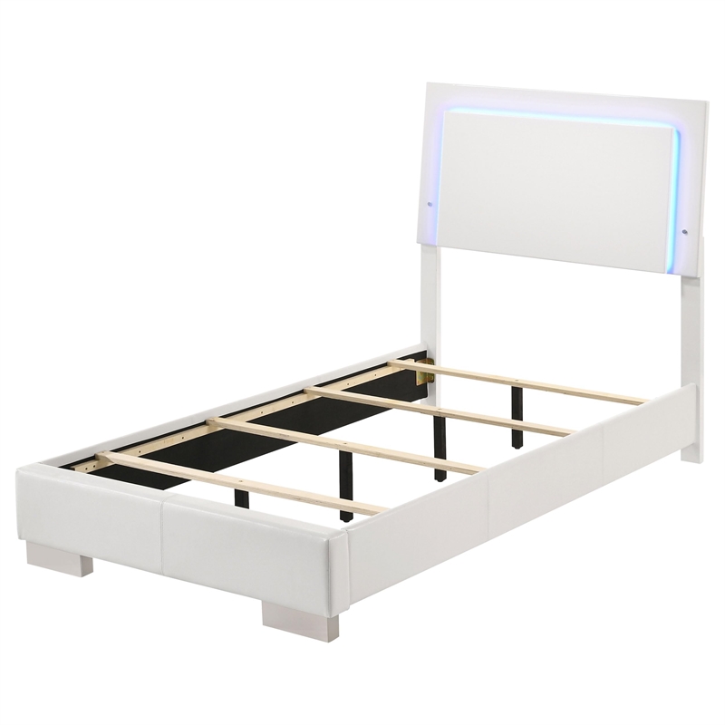 Maklaine Faux Leather Twin Panel Bed with LED Lighting in White