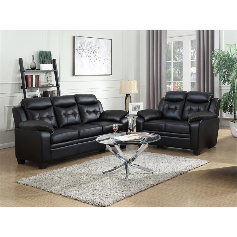 Maklaine 2-Piece Tufted Upholstered Faux Leather Sofa Set in Black