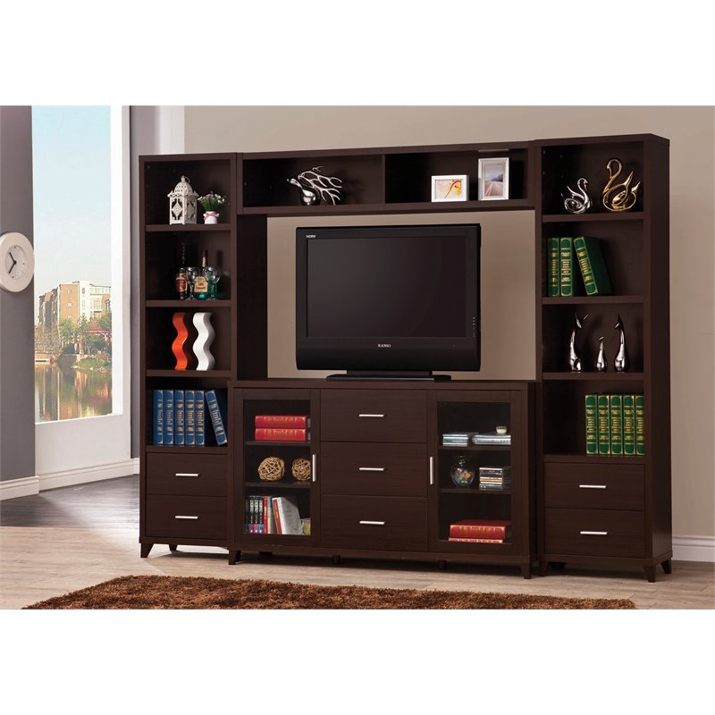 Maklaine Contemporary 4-piece Wood Entertainment Center in Cappuccino