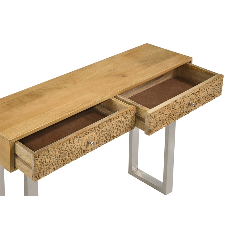 Maklaine Contemporary Wood Console Table with Hand Carved Drawers in Natural