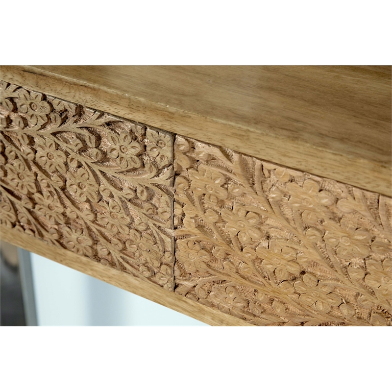 Maklaine Contemporary Wood Console Table with Hand Carved Drawers in Natural