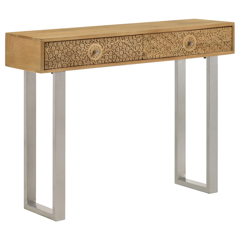 Maklaine Contemporary Wood Console Table with Hand Carved Drawers in Natural