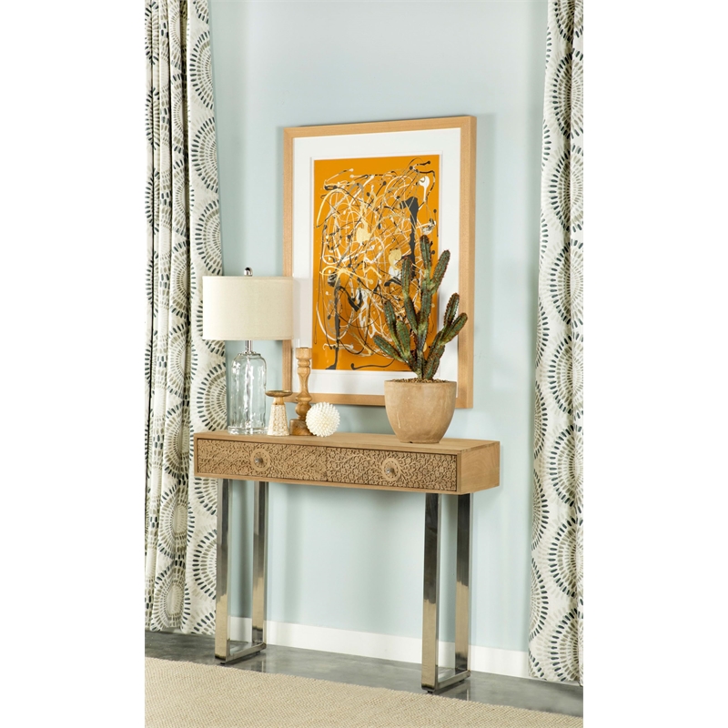 Maklaine Contemporary Wood Console Table with Hand Carved Drawers in Natural