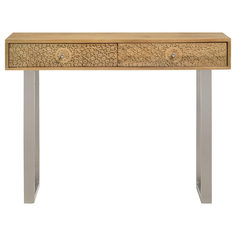 Maklaine Contemporary Wood Console Table with Hand Carved Drawers in Natural