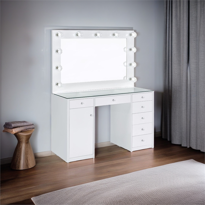 Maklaine 7-Drawer Wood & Glass Vanity Desk with LED Lighting in White