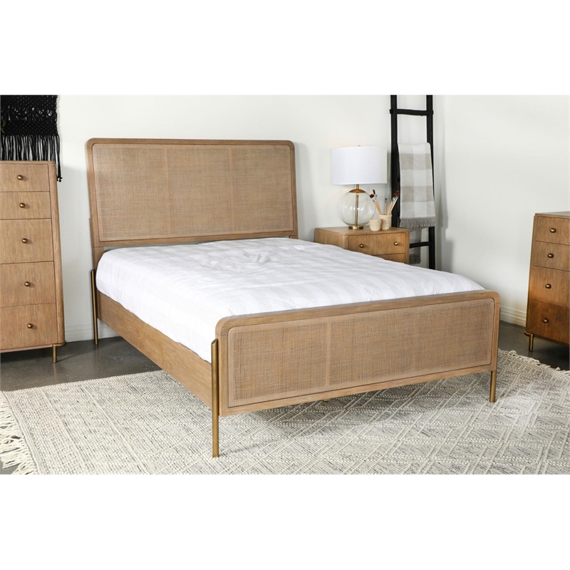 Maklaine Upholstered Wood Eastern King Panel Bed in Sand Wash/Natural Cane