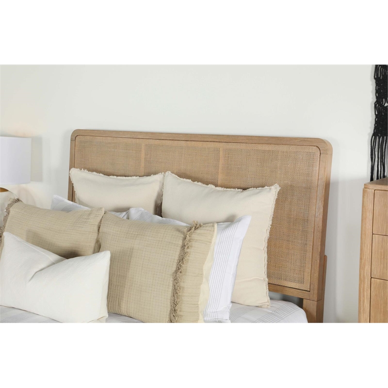 Maklaine Upholstered Wood Eastern King Panel Bed in Sand Wash/Natural Cane