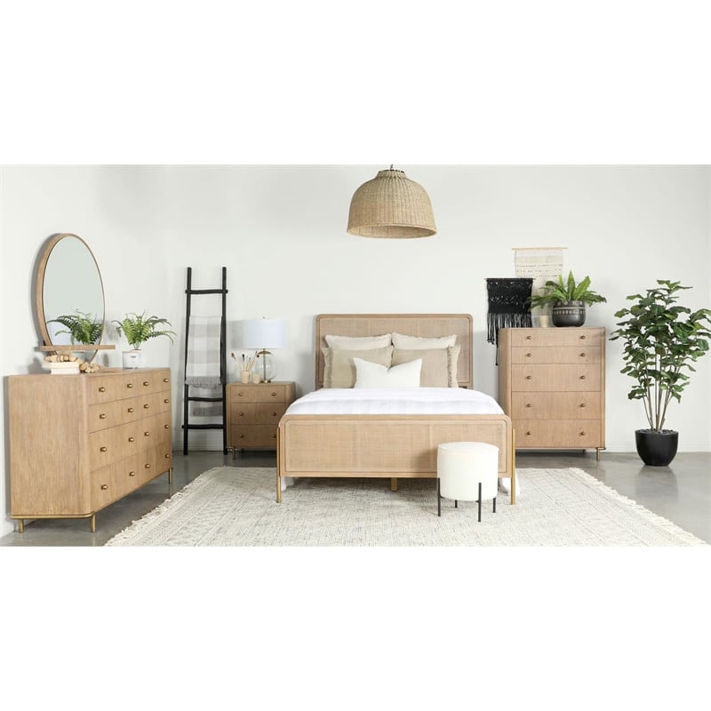 Maklaine Upholstered Wood Eastern King Panel Bed in Sand Wash/Natural Cane