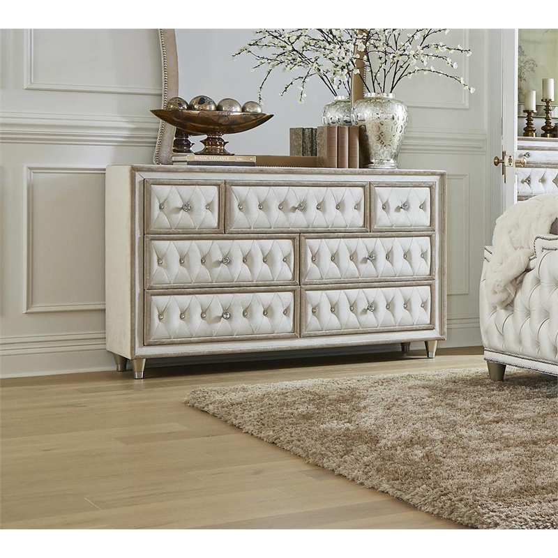 Maklaine 7-Drawer Upholstered Velvet Dresser in Ivory and