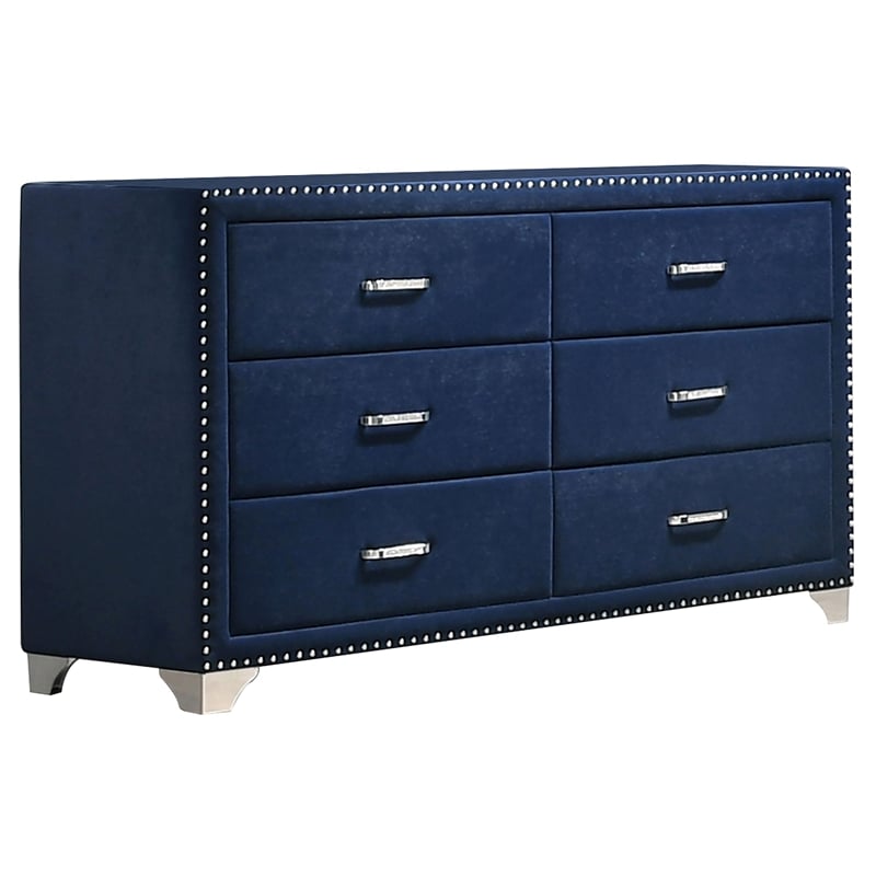 Maklaine Contemporary 6-drawer Velvet Upholstered Dresser Pacific Blue