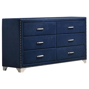 Maklaine Contemporary 6-drawer Velvet Upholstered Dresser Pacific Blue