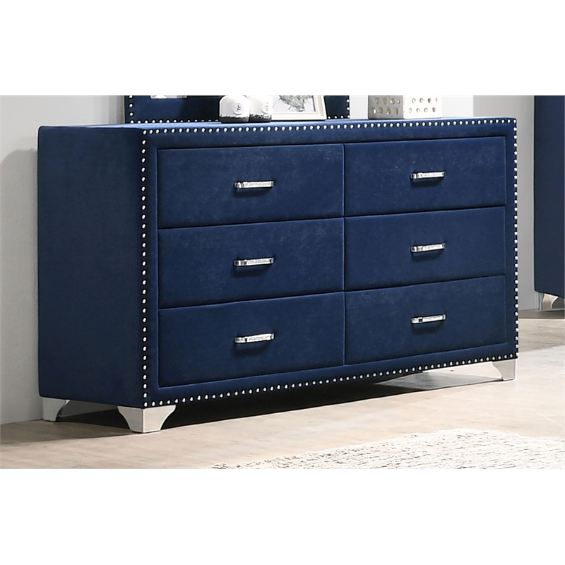 Maklaine Contemporary 6-drawer Velvet Upholstered Dresser Pacific Blue