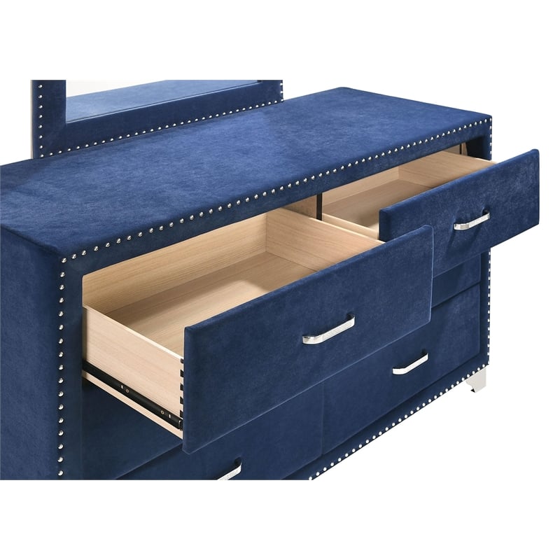 Maklaine Contemporary 6-drawer Velvet Upholstered Dresser Pacific Blue