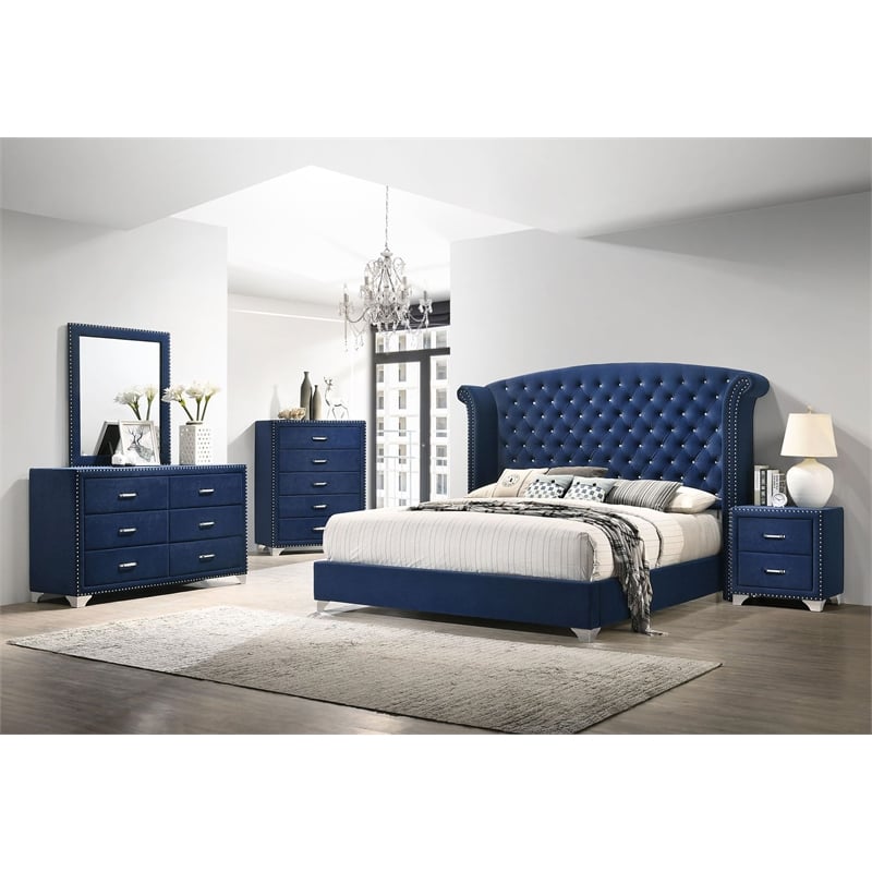 Maklaine Contemporary 6-drawer Velvet Upholstered Dresser Pacific Blue