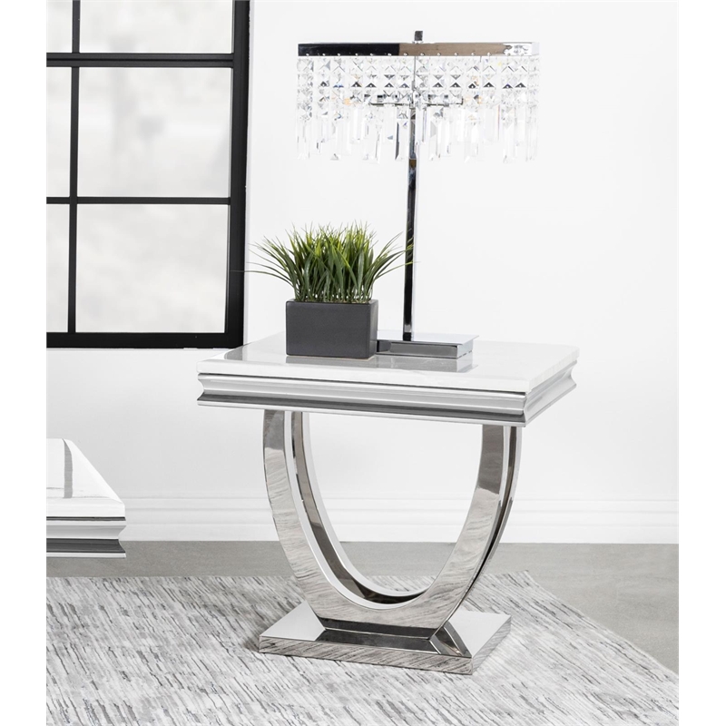 Maklaine Contemporary Metal U-base Square End Table White and Chrome