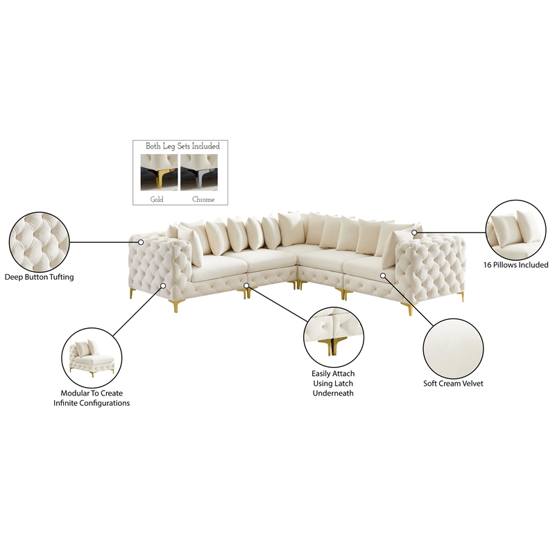 Maklaine Modern / Contemporary Cream Velvet Modular Sectional
