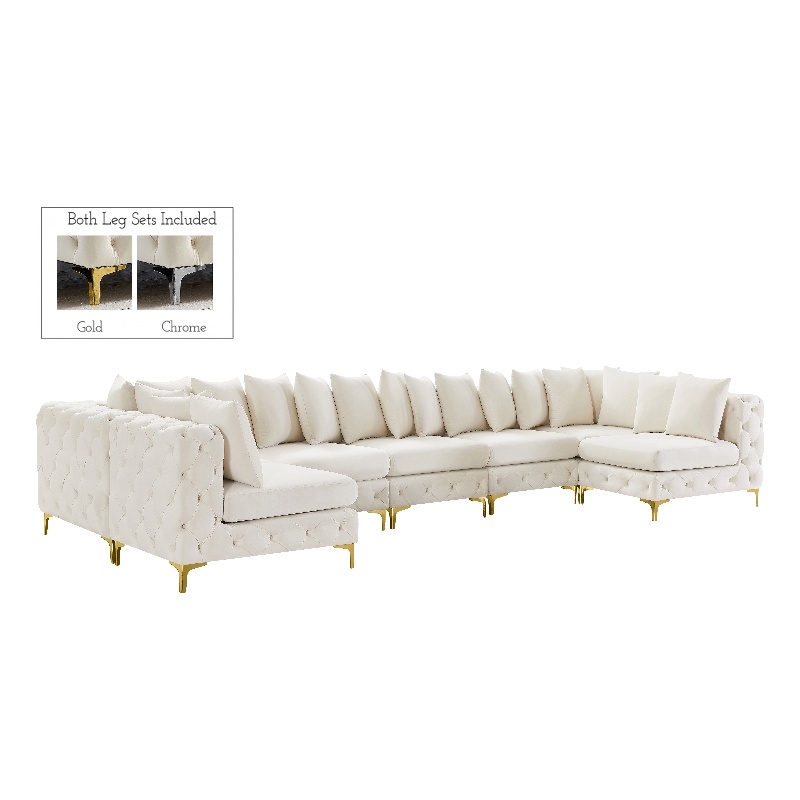 Maklaine Tremblay Velvet Modular Sectional/Pillow in Cream/Gold-Chrome