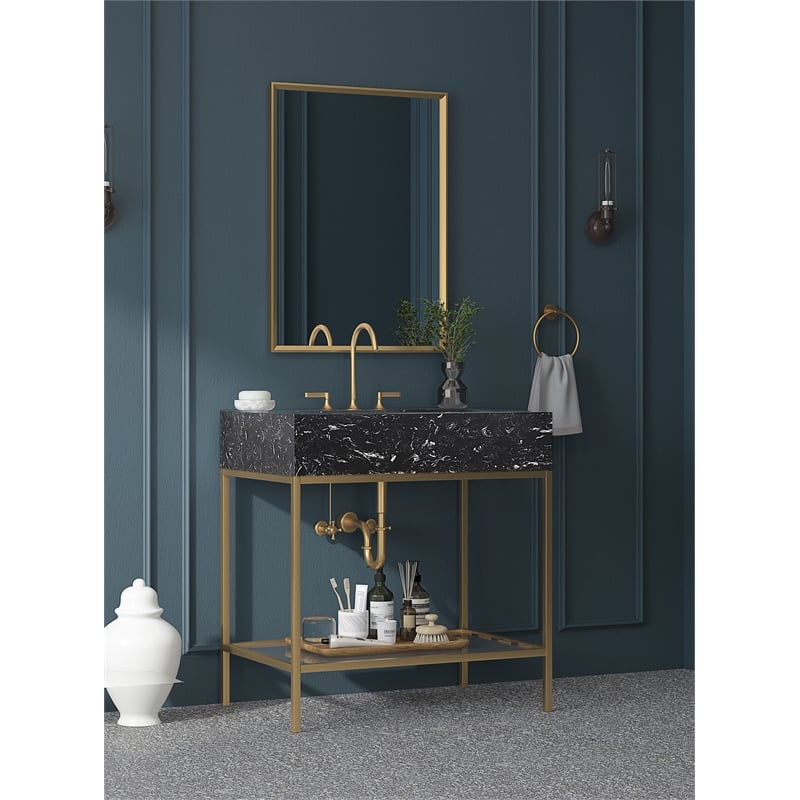 Maklaine Contemporary White Artificial Marble Bathroom Vanity