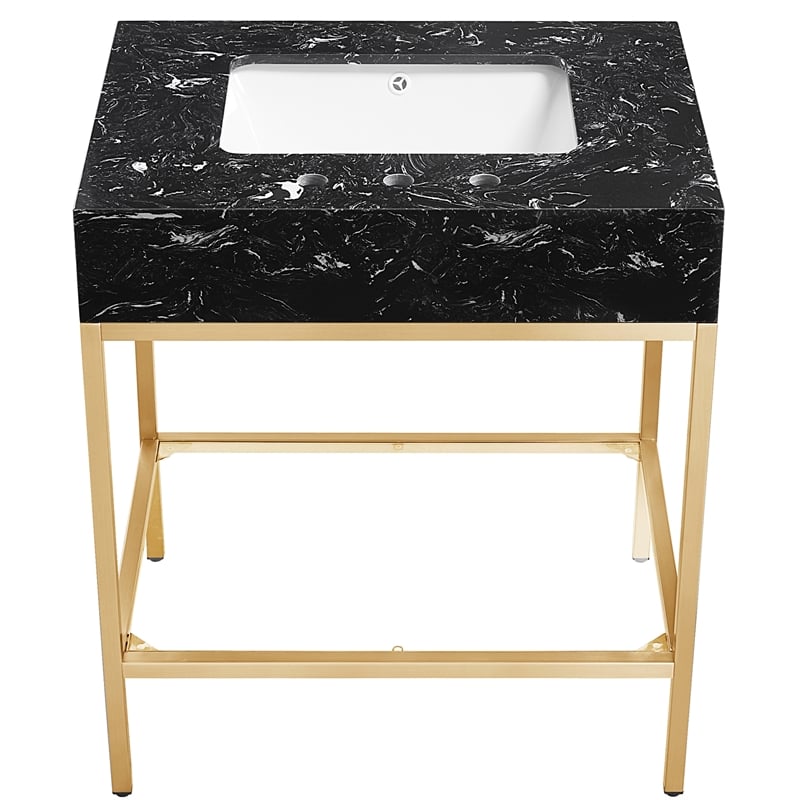 Maklaine Contemporary White Artificial Marble Bathroom Vanity